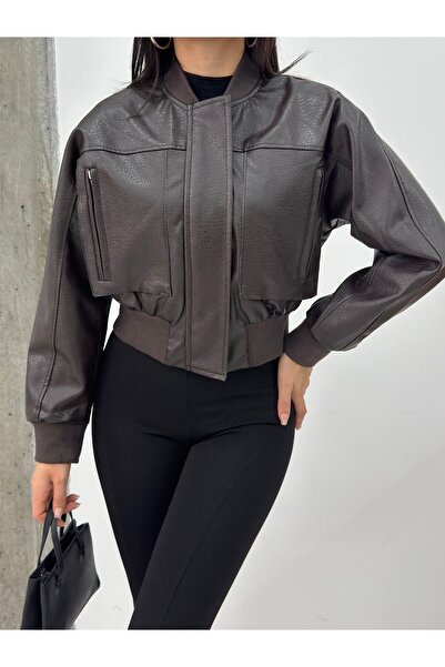MODA DURAĞI Veyra Cep Detailled Crop Faux Leather Jacket Bitter Brown