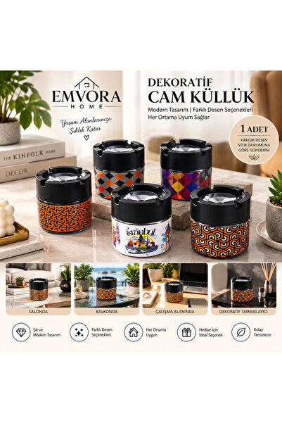 Dekoratif Cam Küllük – Desenli Masaüstü Küllük – Karışık Desen 1 Adet