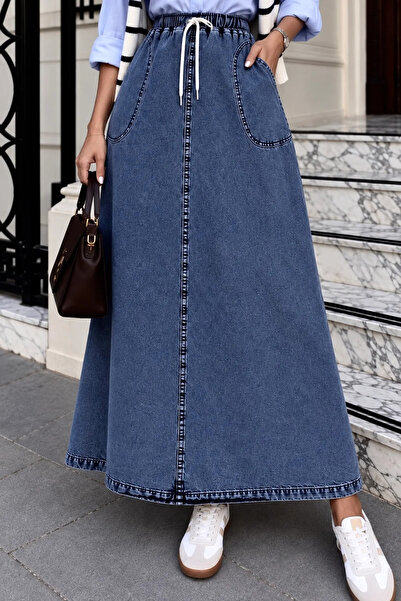 Moda Algan Beli Lastikli Kot Etek MA10097 Açık Mavi