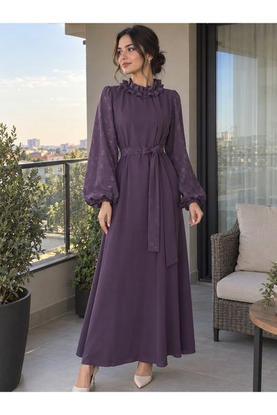 Mava Lady Kadın Desen Detaylı Balon Kol Fırfır Yaka Belden Kuşaklı Uzun Elbise