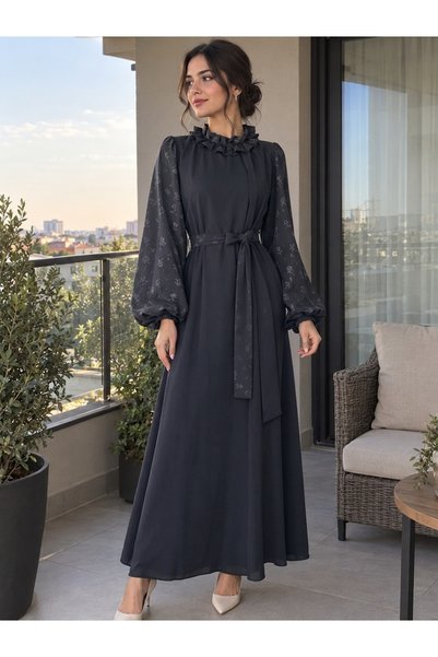 Mava Lady Kadın Desen Detaylı Balon Kol Fırfır Yaka Belden Kuşaklı Uzun Elbise
