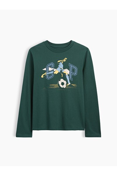 GAP Erkek Çocuk Koyu Yeşil Logo Grafik Baskılı T-Shirt
