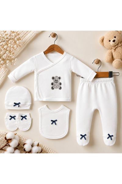 Yenidoğan Bebek 5’li Hastane Çıkışı Seti Unisex Ayıcıklı %100 Pamuk 0-3 Ay
