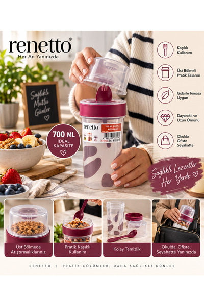 EMVORA HOME 700 ml Kaşıklı Müsli Kabı – Üst Bölmeli Kahvaltı ve Atıştırmalık ...