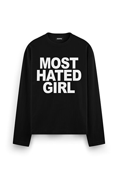ROPE COUTURE Most Hated Girl Baskılı Uzun Kollu Oversize Tişört Siyah