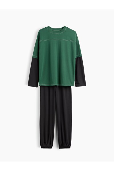 GAP Erkek Çocuk Koyu Yeşil Recycled Colorblock Pijama Takımı