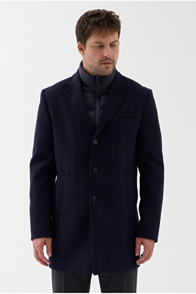 Frappoli Grande Men's Navy Blue Regular Fit Thick Cashmere Coat with Front Zi...