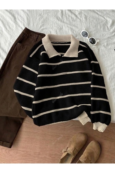 Dier Moda Siyah-Taş Selanik Örgü Polo Yaka Oversize Triko Kazak, Kadın Kazak