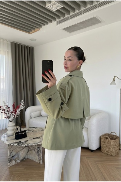 Lovely butik Women's Short Trench Coat / Jacket - with Flounce Sleeves & Tie