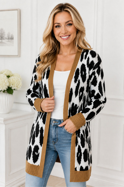 citystyle سترة نسائية طويلة الأكمام بدون إغلاق وياقة على شكل حرف V بنمط الفهد...