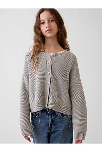 GAP Kız Çocuk Açık Gri %100 Pamuk Oversized Boxy Triko Hırka
