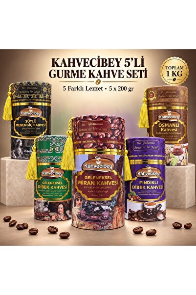 Kahvecibey 5'li Gurme Türk Kahvesi Paketi 1 KG – Dibek, Menengiç, Osmanlı, Mi...