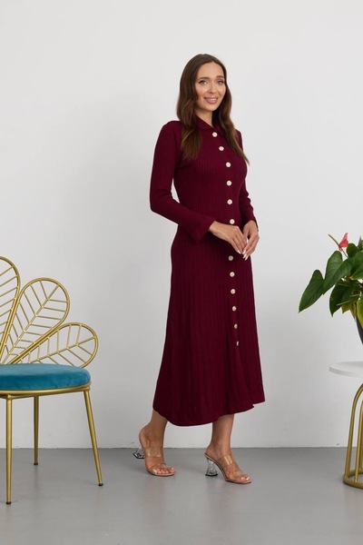 Kağanbutik Polo Collar Long Sleeve Buttoned Ribbed Knitted Midi Dress