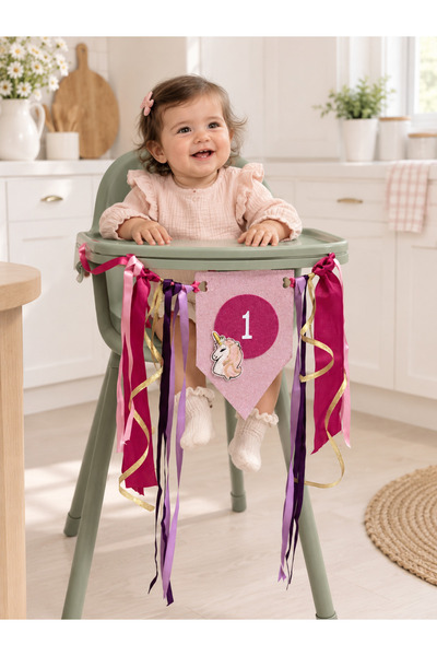 Minia Pembe Simli 1 Yaş Mama Sandalyesi Süsü – Kişiye Özel Kumaş High Chair B...