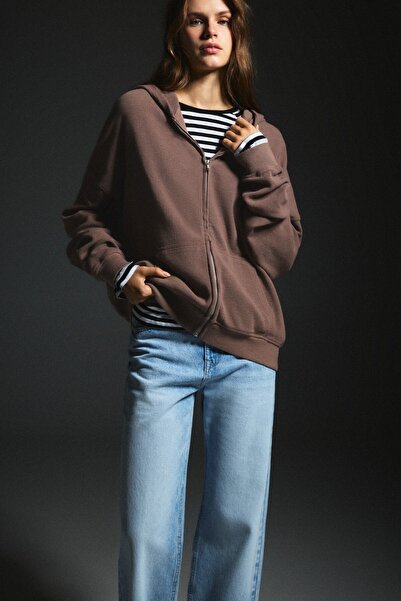 Pull & Bear Süet kapüşonlu fermuarlı sweatshirt