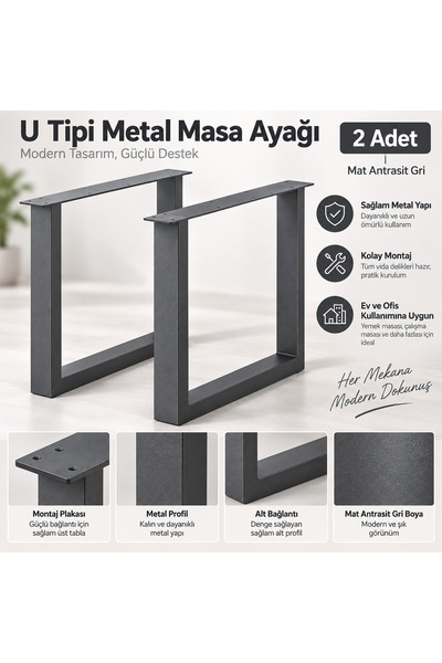 EvKolleksiyon U Tipi Metal Masa Ayağı 2'li Takım 60x72 cm 60x60 Çelik Profil