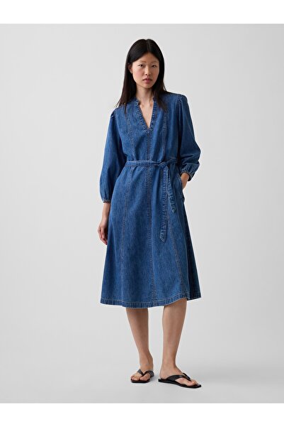 GAP Kadın Mavi Denim Kemerli Midi Elbise