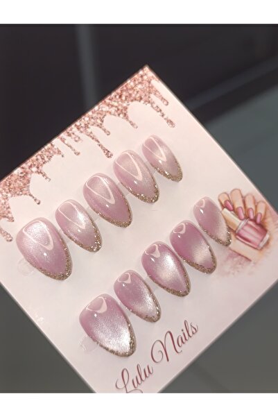 Lulu Nails El Yapımı Cat Eye Jel Takma Tırnak Flaşlı Sim Glitter