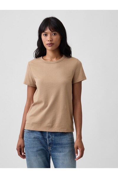GAP Kadın Açık Kahverengi Favorite Bisiklet Yaka T-Shirt