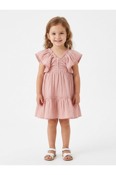 Cumino Girl's Pink (Pink) Short-Sleeved Dress with Ruffles