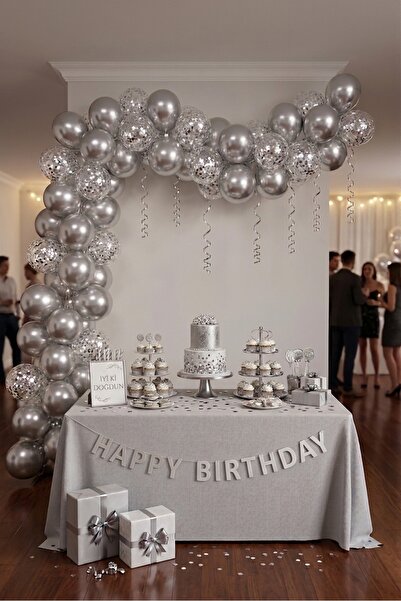 Onay Store 50 Metallic Silver Balloons and Transparent Balloons with Silver C...