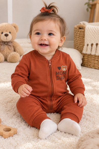 Beniizle Baskılı Unisex 3 İplik Şardonlu Fermuarlı Bebek Tulum