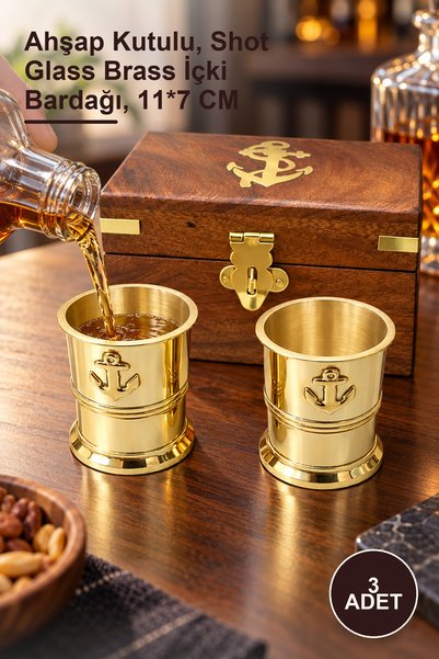 Yenilig 3-Piece Brass Shot Glass Set – with Wooden Box, Shot Glass Brass Liqu...