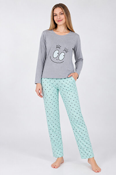 Serena Women's Gray Pajamas, Long Sleeve and Green Long Pants