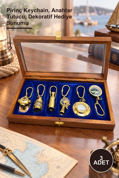 Yenilig 3-Piece Sailor-Themed Brass Keychain Set with Wooden Box – Brass Keyc...
