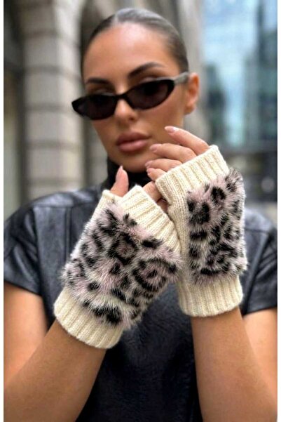 LAGRANZE Women's Leopard Faux Fur Apparatus Knitwear Gloves Single Finger Sle...