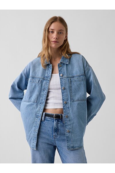 GAP Kadın Açık Mavi Denim Oversized Gömlek Ceket