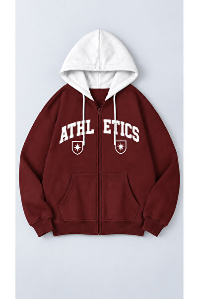 EVIus Cardigan unisex cu glugă și fermoar, imprimat, în culorile burgundy și alb