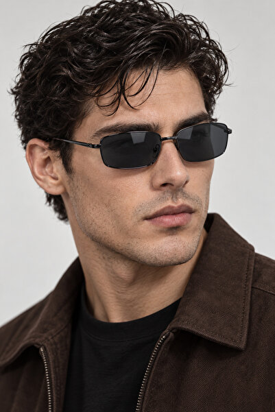Generic Brand Men’s Black Rectangular Metal Sunglasses with Dark Lenses – Ful...