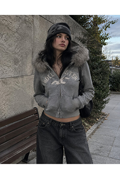 BALİNA Gri Melanj Holister Kürk Detaylı Y2K Crop Hırka