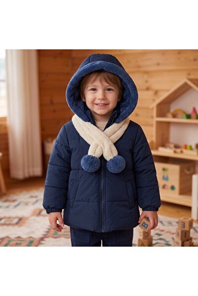 CUBBUX Boy's Winter Coat with Fur Lining and Scarf Detail