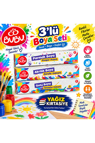 Bubu 3'lü Boya Seti 6 Renk Parmak Boyası + 6 Renk Akrilik Boya + 6 Renk Guaj ...