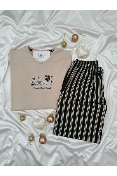 Lena Homewears طقم بيجامة منقوشة باللون البيج مصنوعة من القطن بنسبة 100%