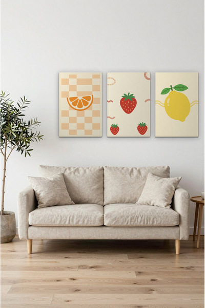 ZURİ DESİGN Retro set plakata sa voćnim šarama, 3 neokvirene MDF zidne slike