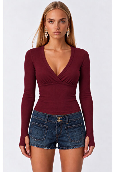 Up Trends Women's 95% Cotton Front Gathered Finger Detail V-Neck Slim Ribbed ...