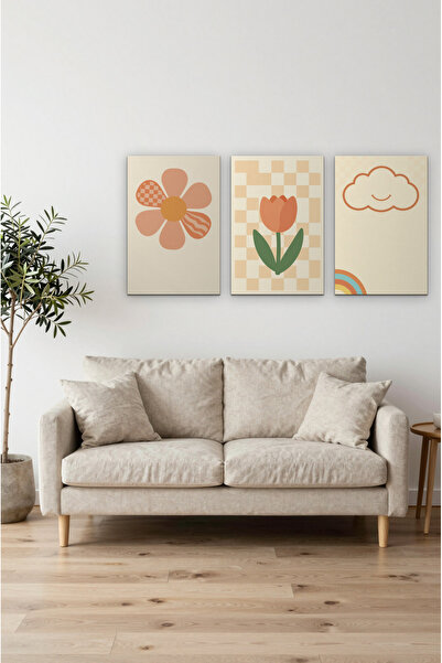 ZURİ DESİGN Retro set od 3 plakata sa kariranim cvetovima, neokvirene MDF zid...