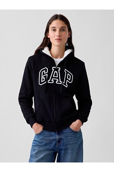 GAP Kadın Siyah Relaxed Logo Sherpa-Astarlı Fermuarlı Sweatshirt