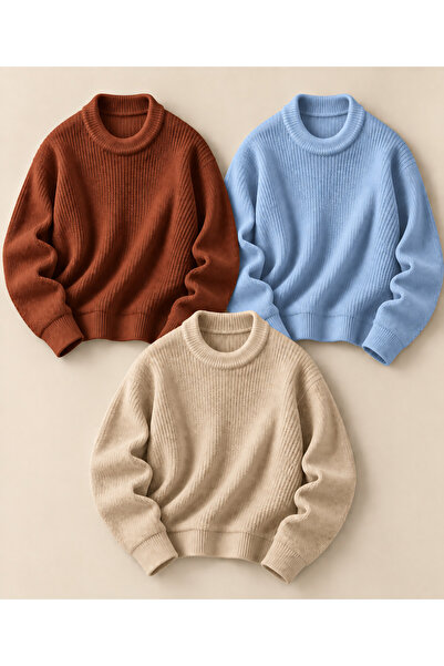 DepoExport Women's 3-Piece Crew Neck Oversize Knitwear Sweater Soft Knitted S...