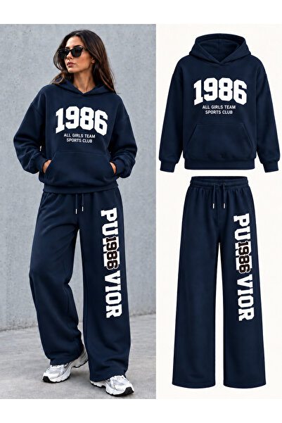 EVIus Oversize 1986 Girls Team Printed Hooded 100% Cotton Wide Leg Sweatpants...