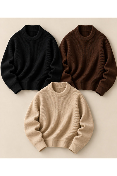 DepoExport Women's 3-Piece Crew Neck Oversize Knitwear Sweater Soft Knitted S...