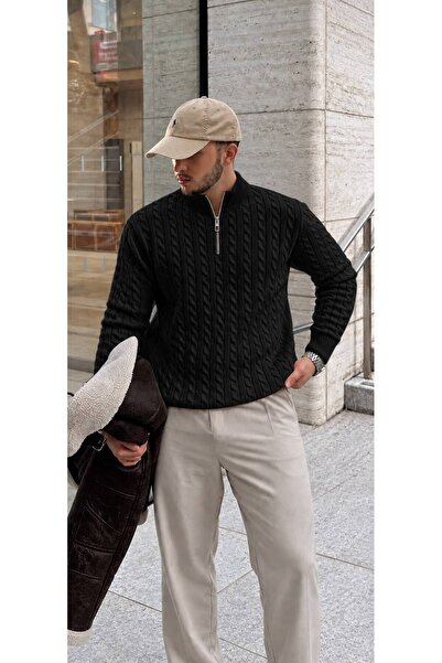 threeoff Men's Stand Collar Half Zipper Hair Knit Sweater