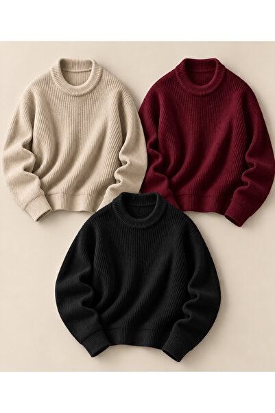 DepoExport Women's 3-Piece Crew Neck Oversize Knitwear Sweater Soft Knitted S...
