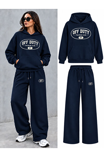 EVIus Oversize Off Duty Printed Hooded 100% Cotton Wide Leg Sweatpants Set