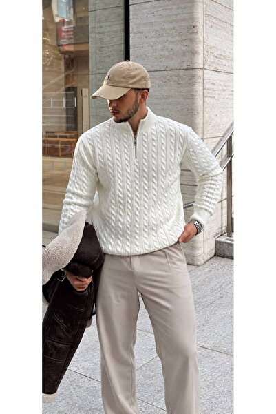 threeoff Men's Stand Collar Half Zipper Hair Knit Sweater