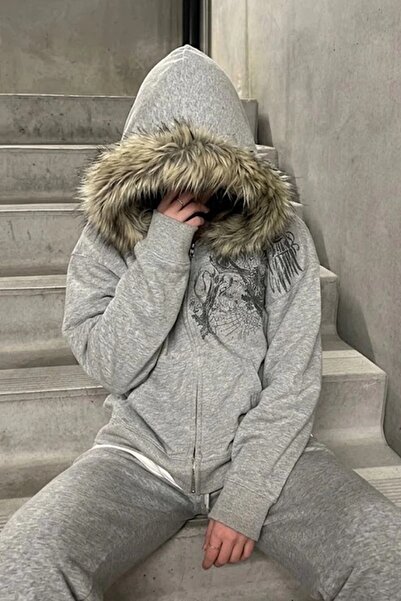ARS Butik Kapüşonu Kürk Detaylı Skull Motifli Gotik Y2K Kapüşonlu Sweat Hırka