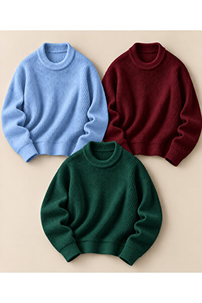 DepoExport Women's 3-Piece Crew Neck Oversize Knitwear Sweater Soft Knitted S...